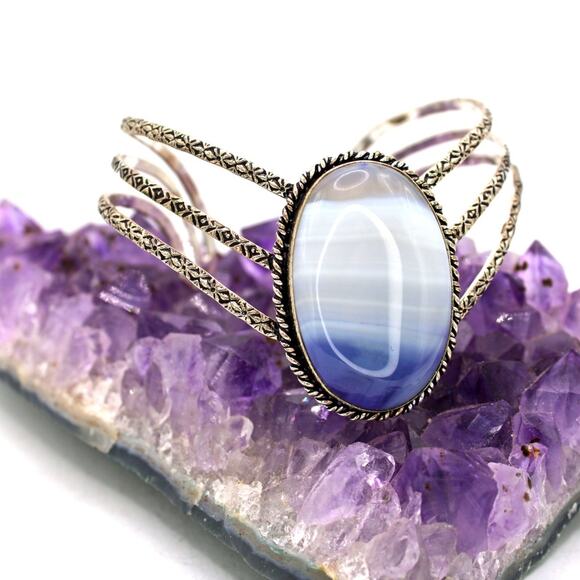 Sterling Silver Blue Agate Chevron Cuff Bracelet. - Picture 1 of 8